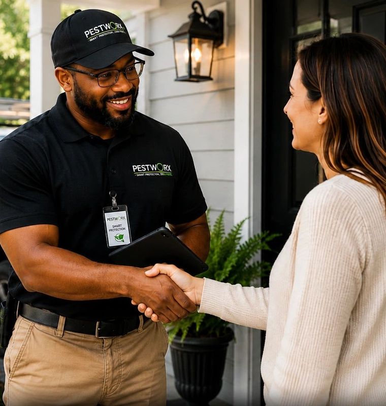 Smiling Pestworx technician in a branded cap and polo shaking hands with a homeowner at her front door